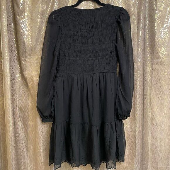 Old Navy Black Jack Fit & Flare Long-Sleeve Eyelet Mini Dress Small NWT - Picture 2 of 8